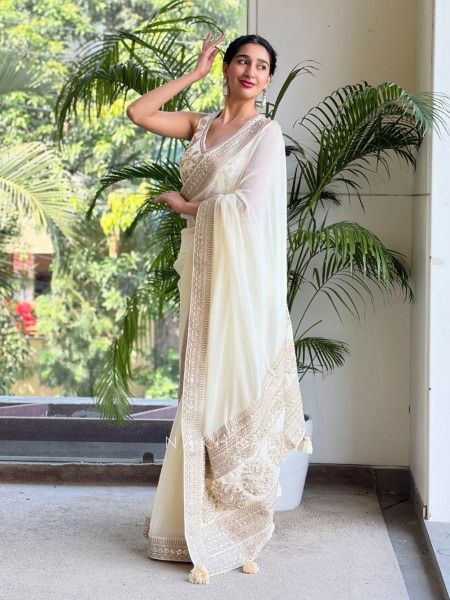 Vinamr Off White Saree with Readymade Blouse – Embroidery & Sequin Work
