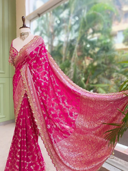 Tarangini Magenta Banarasi Silk Blend Saree with Readymade Blouse