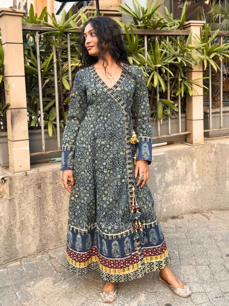 Mridula Blue Angrakha Kurta with Ethnic Print
