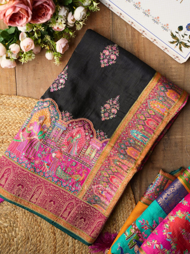 Image of Sarovar Black Woven Motif Saree with Traditional Border