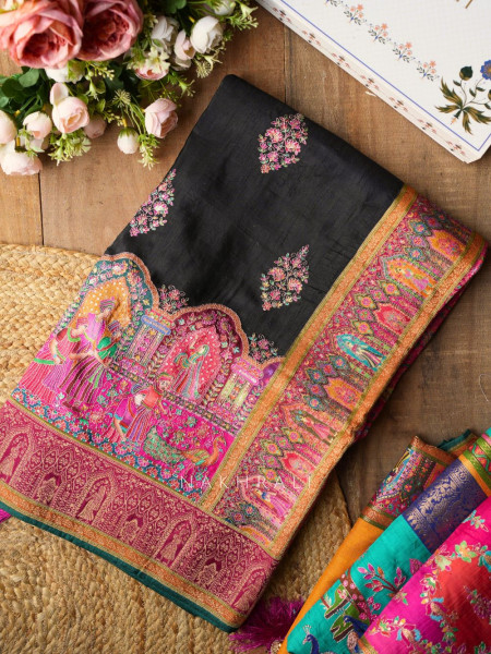 Sarovar Black Woven Motif Saree with Traditional Border