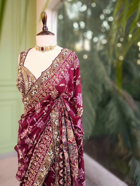 Velora Wine Saree with Zari and Mirror Work