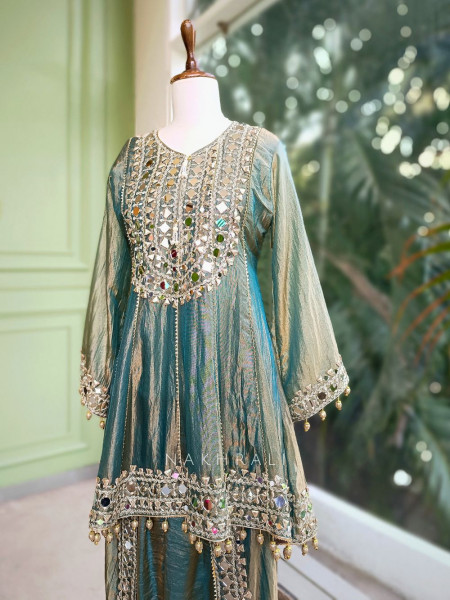 Amaya Teal Green Tissue Dhoti Kurta Set with Mirror and Gota Patti Work