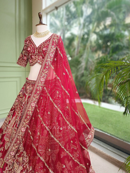 Vaidehi Bridal Red Raw Silk Bridal Lehenga Set With Zardozi, Pitta & Resham Work