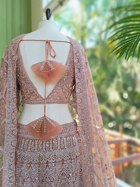 Kireva Peach Sequin Beaded Bridal Lehenga Set