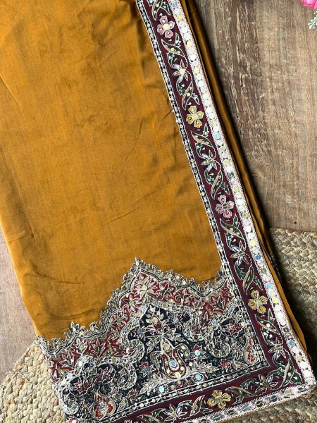 Dhara Mustard Georgette Silk Saree With Kalamkari & Cutdana Work