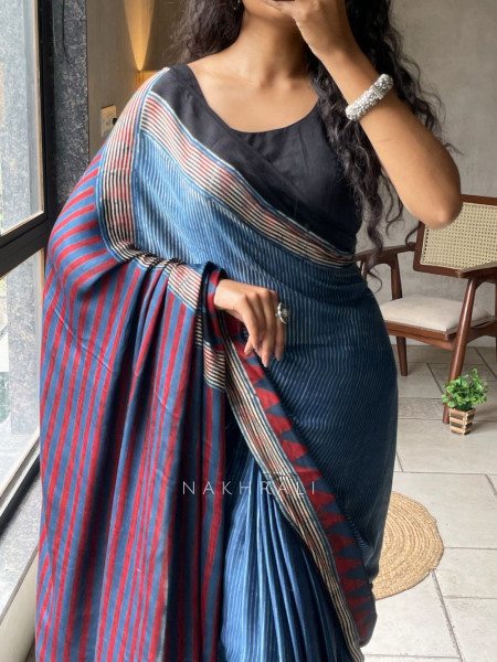 Dhani Blue Modal Silk Saree With Ajrakh Print