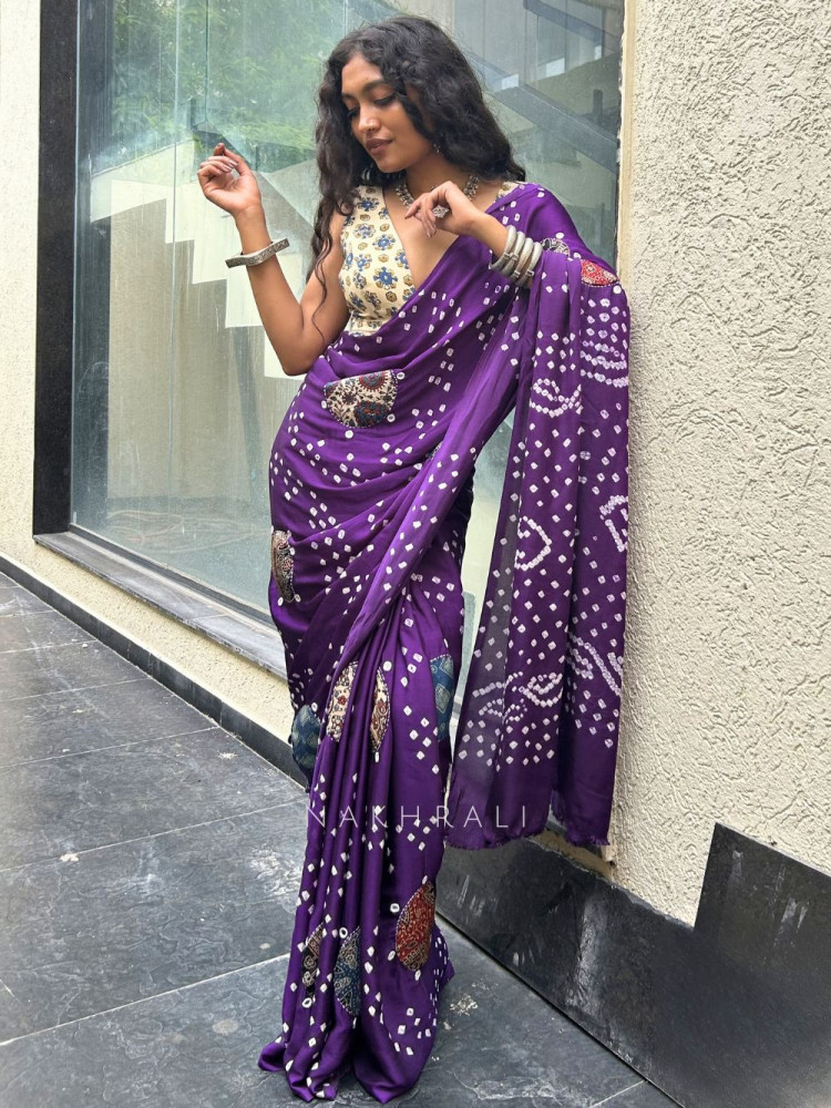 Image of Manjari Purple Bandhej Saree with Running Blouse Piece