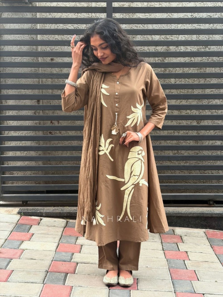 Kavira Brown Cotton Suit Set with Appliqué Bird Motif Work