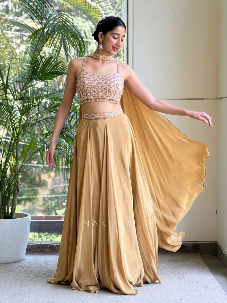 Image of Ruhvik Beige Indo Western Crop Top Skirt Set