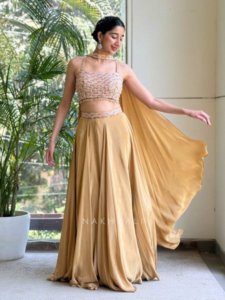 Ruhvik Beige Indo Western Crop Top Skirt Set