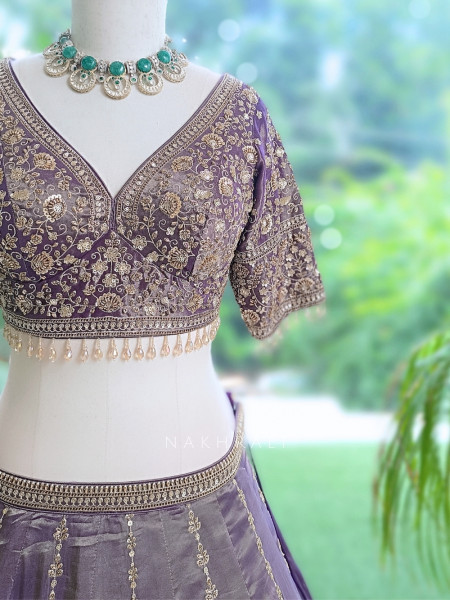Kritvani Purple Velvet Silk Blend Lehenga Set