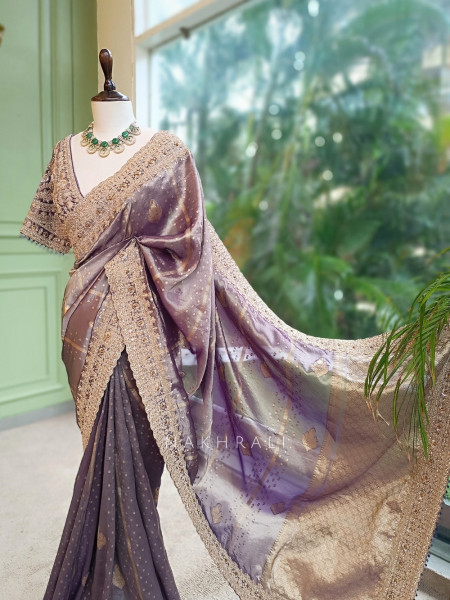 Vyanika Lavender Kota Tissue Silk Saree with Readymade Blouse