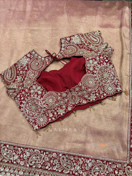 Rooh Pink Saree with Readymade Blouse With Zardozi Paisley Work