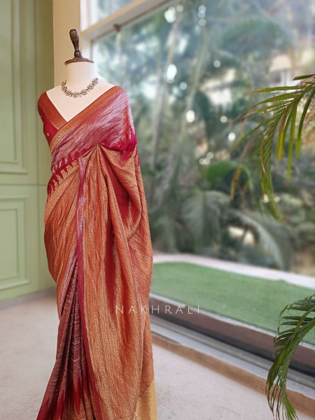 Tarkash Loom Brown Banarasi Chiniya Silk Saree with Ombre Zari Weaving & Temple Border