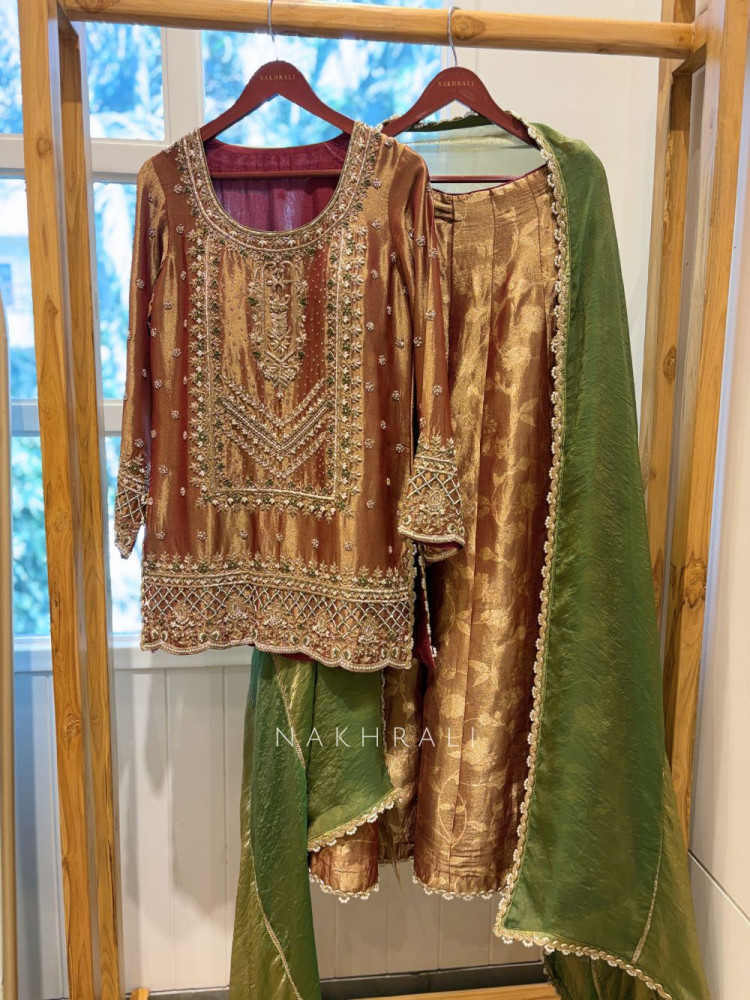 Image of Falak Jewel-Neck Rust Plazzo Suit Set