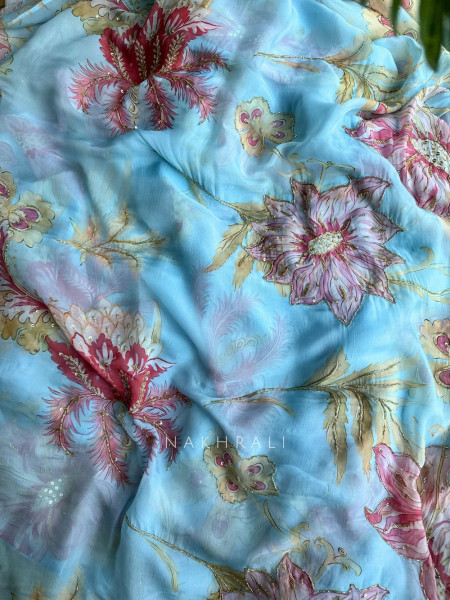 Dahlia Sky Blue Organza Saree with Sequin and Cut Dana Work
