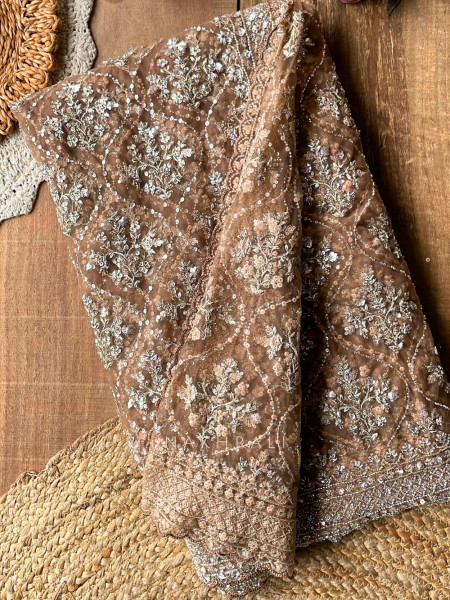 Tarangini Brown Net Saree With Cutdana and Sequin Work