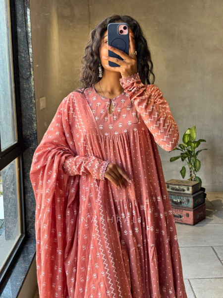 Mireya Peach Cotton Anarkali Suit Set with Printed Design