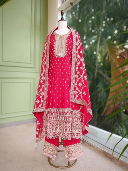 Aarvi Red Anarkali Suit Set with Zari Embroidery and Embellished Dupatta