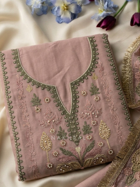 Pushpavalli Pink Dress Material With Floral Embroidery and Pearl Detail