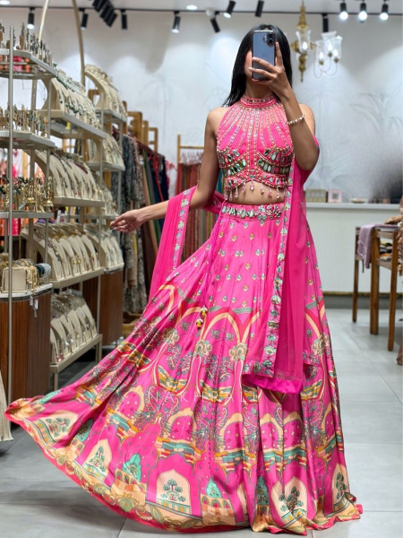Emerald-Accent magenta Halter Mirror Lehenga