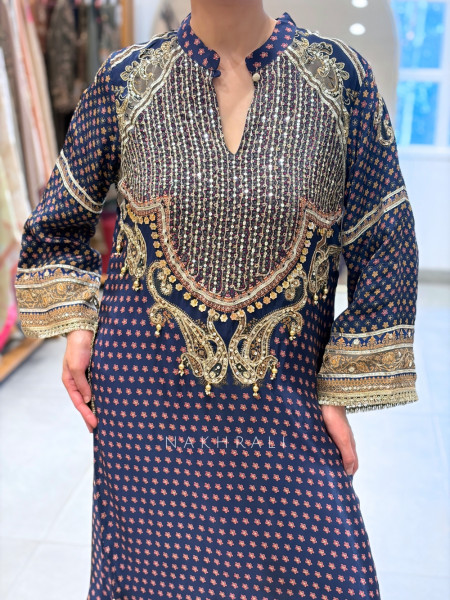 Nirvani Navy Blue Modal Silk Long Suit Set With Sheesha, Sequin & Gota Work
