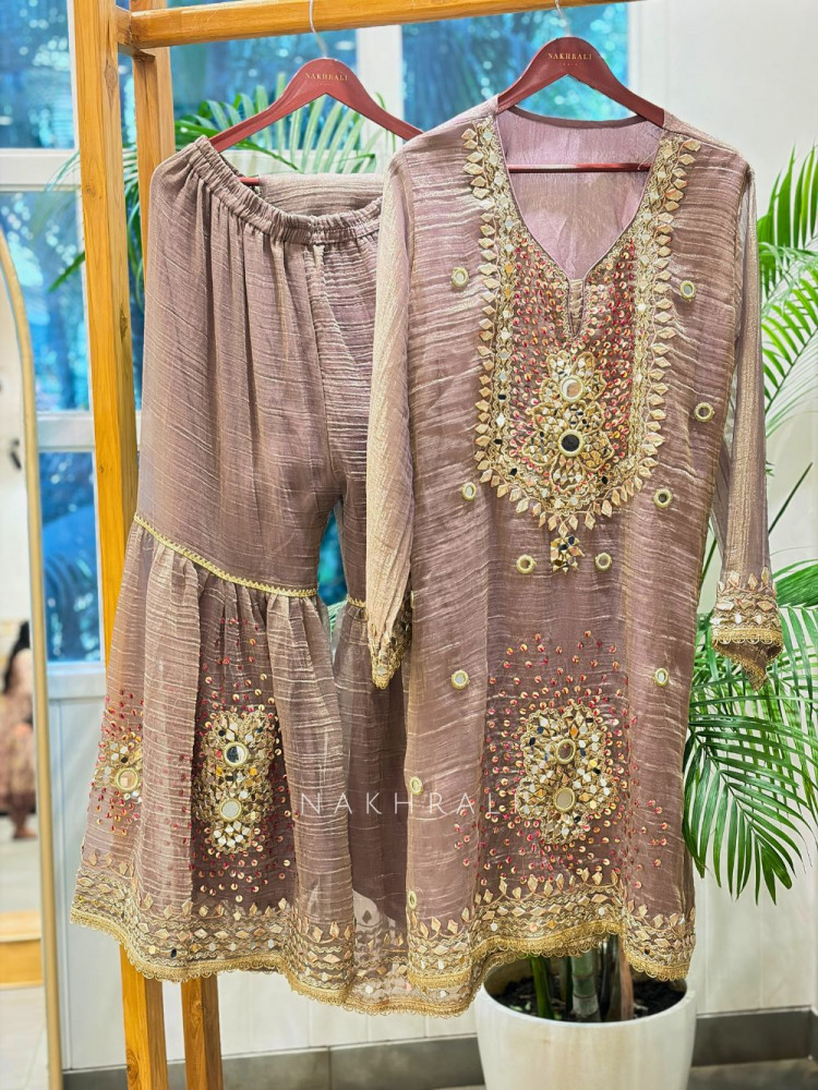 Image of Aisha Purple Tissue Suit Set with Mirror and Gota Patti Work