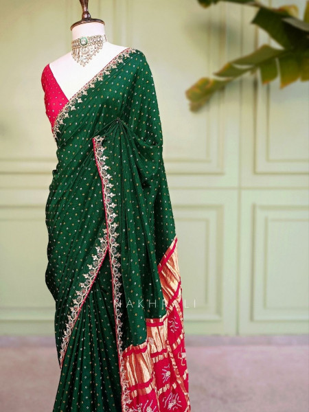 Verdant Red & Green Bandhej Saree Zari Border Work