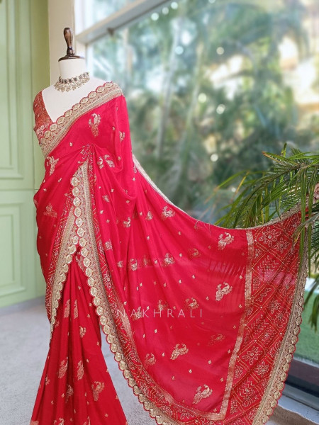 Surahi Red Pure Georgette Crepe Silk Bandhani Saree with Gota Patti Zardozi Border