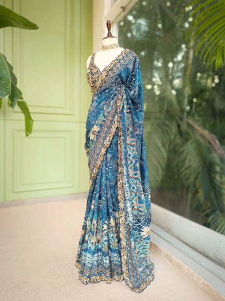 Ocean Spell Blue Saree with Heavy Embroidered Readymade Blouse
