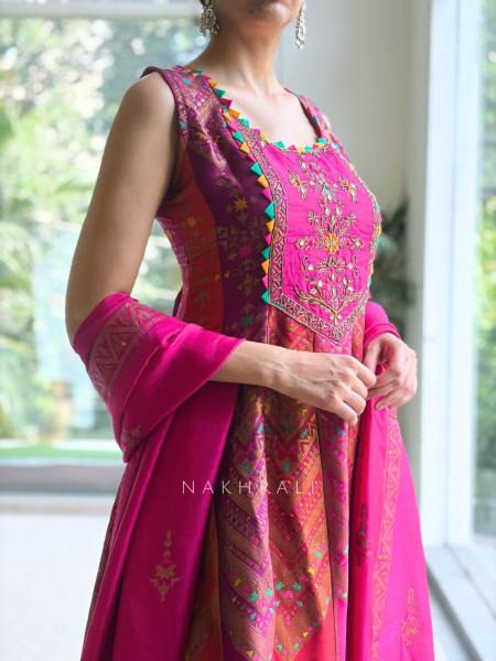 Mayil Multicolor  Banarasi Brocade Silk Blend Anarkali Suit Set