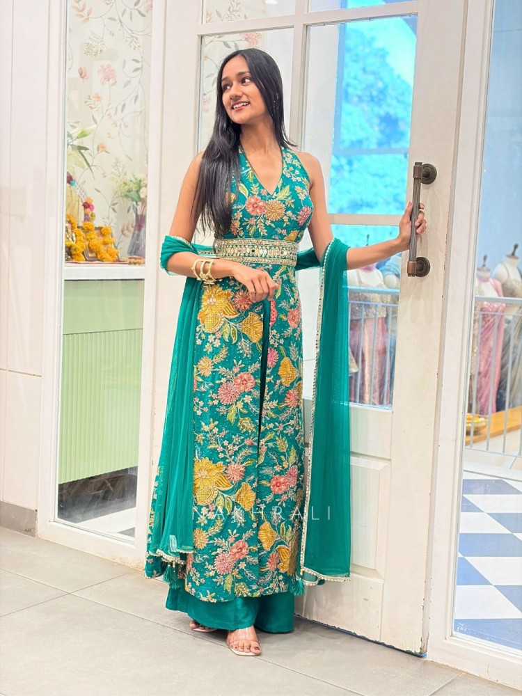 Image of Tirva Green Indo Western Palazzo Set with Floral Print and Mirror Work
