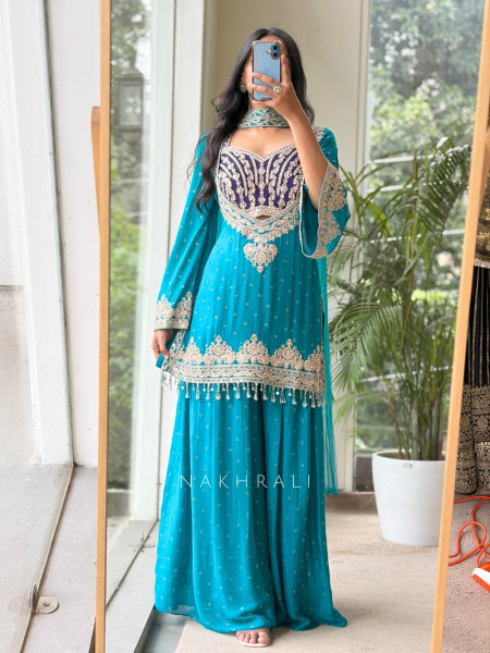 Baroque Ensemble Firozi Georgette & Velvet Bustier Palazzo Suit Set