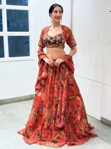 Aranya Red Red Chinon Silk Floral Printed Lehenga Set with Zardozi & Resham Work
