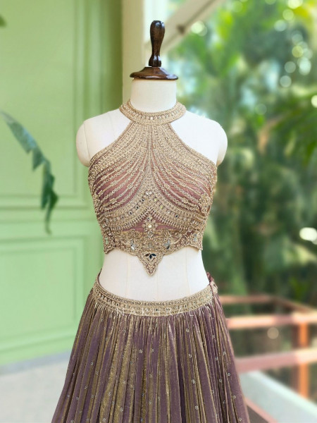 Zarish Brown Indo-Western Halter Lehenga Set with Mirror Work
