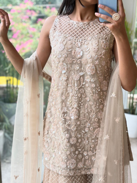 Melovia Beige Net Sharara Suit Set with Floral Sequin Work