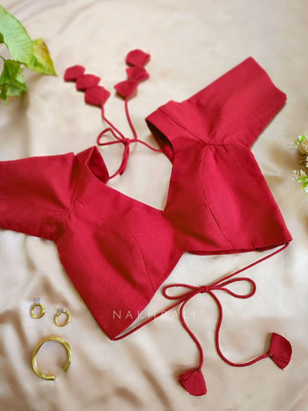 Rhea Red Cotton V-Cut Blouse with Tie-Back