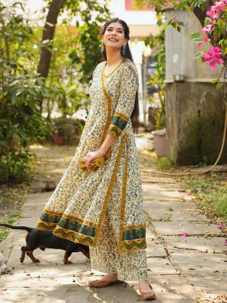 Mirza Cream Angrakha Cotton Kurta Pant Set