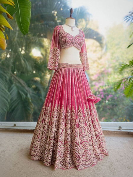Rishvaya Magenta Stone and Bead Embroidered Bridal Lehenga