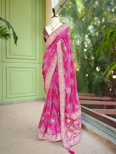 Rivaya Magenta Bandhej Saree With Runing Blouse