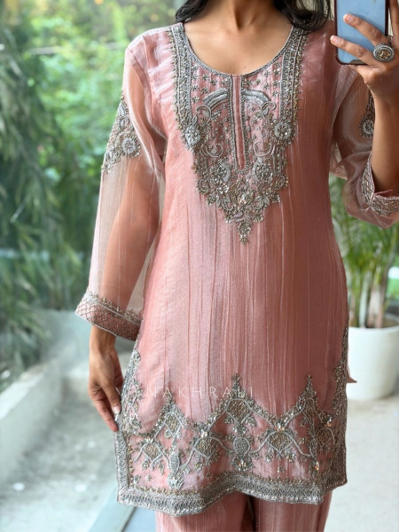 Mrinalini Onion Pink Tissue Silk Suit Set