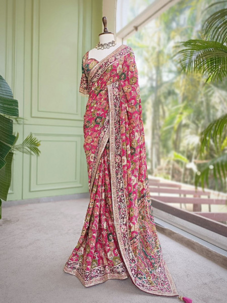 Ravina Bottle Green Printed Saree with Sequin Embroidery