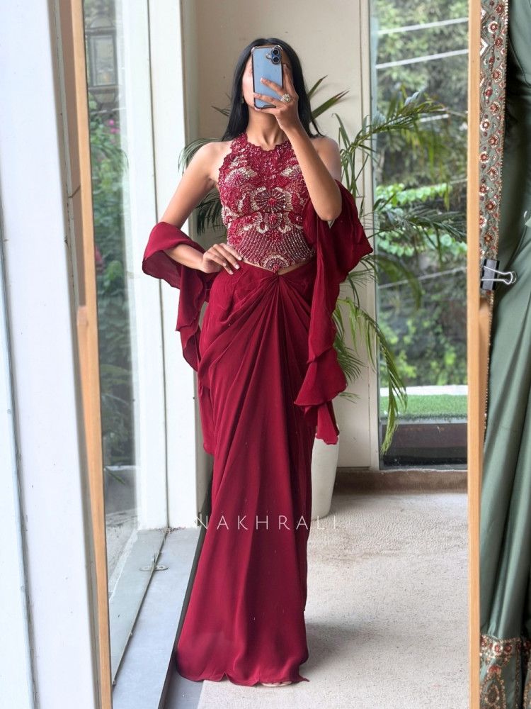 Image of Kalyra Halter Mraoon Indo-Western Set