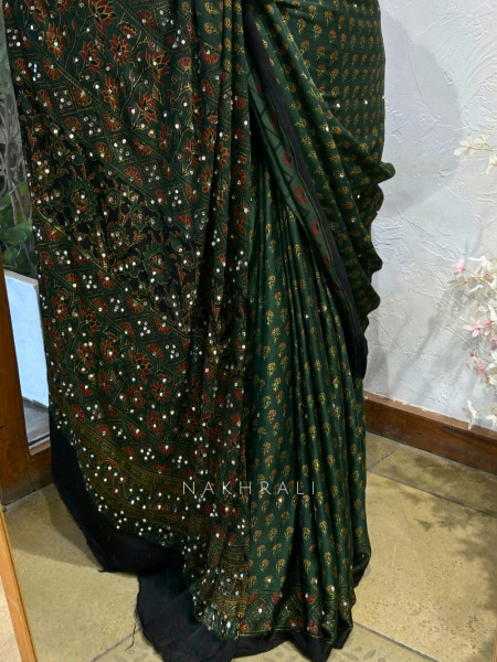 Inayat Green Modal Silk Saree With Ajrakh Print