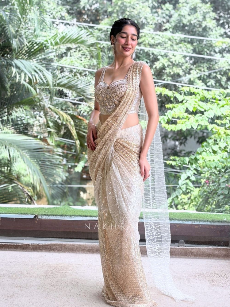 Image of Aurelia Cream Stardust Concept Drape Saree