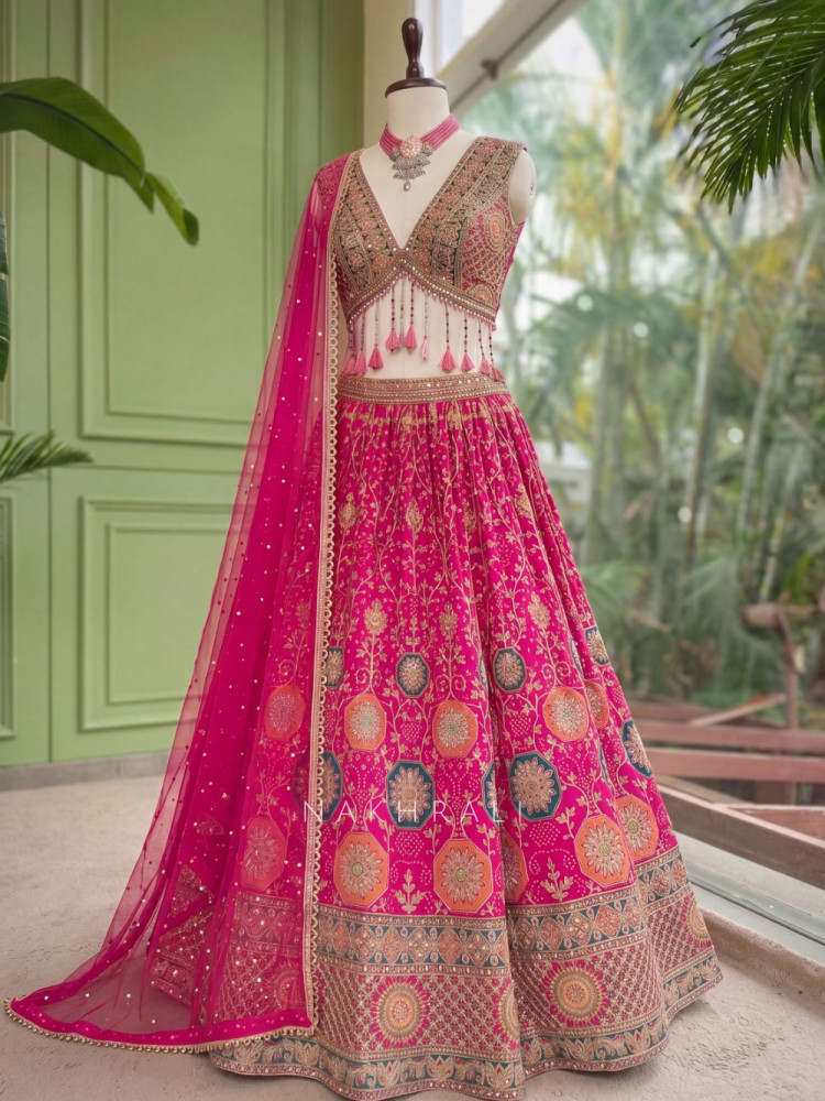 Image of Gulaal-e-Firdaus Magenta Lehenga Set Embroidery &amp; Mirror Work