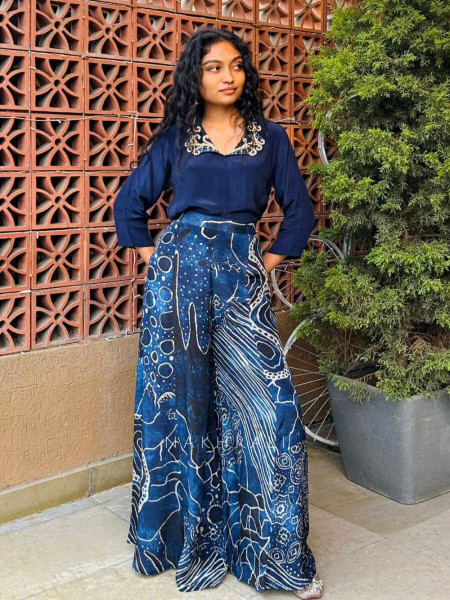 Mireya Blue Co-ord Set with Printed Wide Palazzo