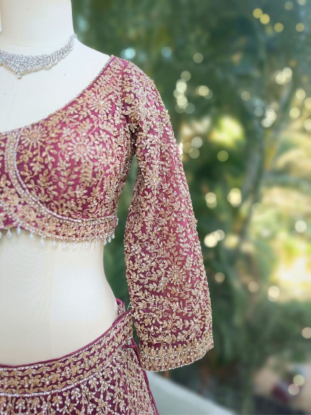 Virel Regal Wine Lehenga Set with Zari and Stone Work