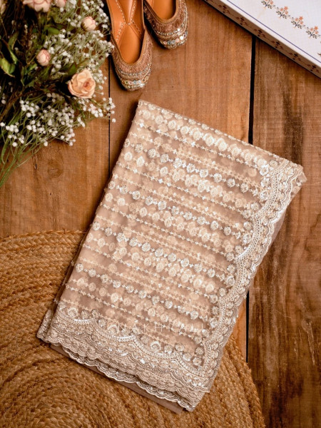 Dandelions Beige Net Saree with Pearl, Sequin & Bead Work